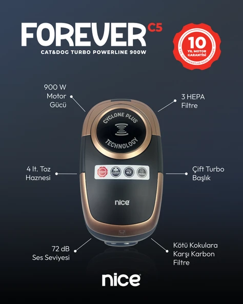 NICE FOREVER C5 CAT-DOG 900 W TOZ TORBASIZ ELEKTRIKLI SÜPÜRGE GOLD ürün görseli 1