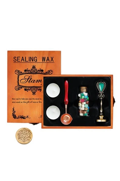 Antik Mühür 3 Balmumu Wax Eritme Kaşık 5 Parça Tahta Kutulu Hediyelik Set ürün görseli 1