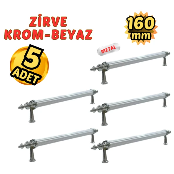 5 Adet Metal Zirve Mobilya Çekmece Dolap Kulpu Krom-Beyaz 160mm ürün görseli 1