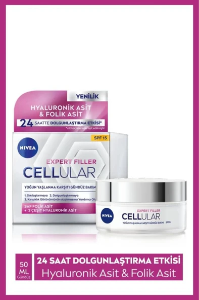 NIVEA Cellular Expert Filler Yoğun Yaşlanma Karşıtı Gündüz Bakım Yüz Kremi 50ml, Spf15, Hyaluronik Asit ürün görseli 1