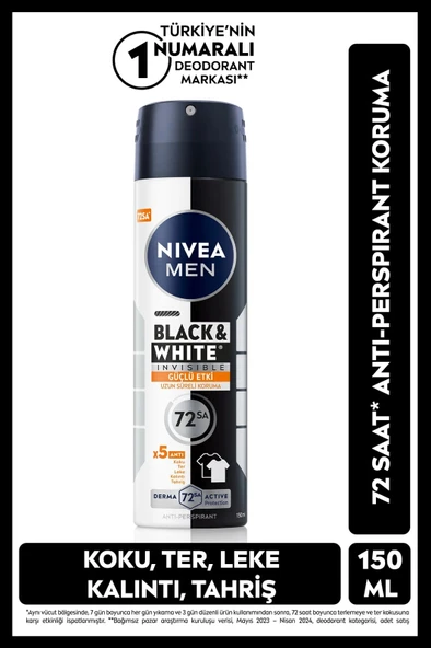 NIVEA MEN Erkek Sprey Deodorant Black&White Invisible Güçlü Etki 150ml, 72 Saat Anti-perspirant Ter Koruma ürün görseli 1