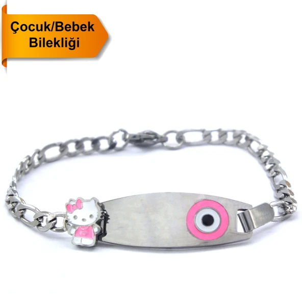 316L Çelik Pembe Nazar Boncuklu Hello Kitty Çocuk Bileklik BLK-961 ürün görseli 1