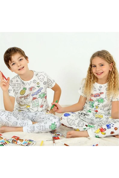 Kısa Kollu + Özel Kalem BOYANABİLİR Kız Erkek Çocuk Pijama Takım ürün görseli 1