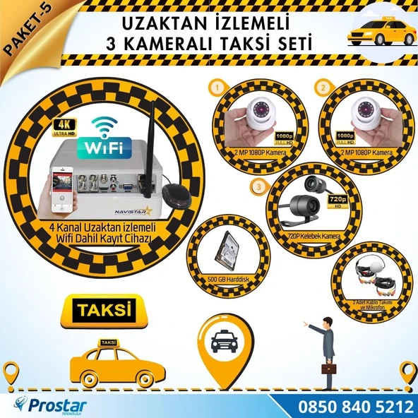 Taksi Kamera Seti 5 Uzaktan Izlemeli 3 Kameralı Wifi 500 Gb Harddisk Dahil ürün görseli 1