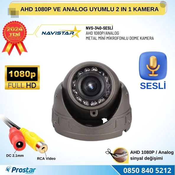 Mikrofonlu AHD 1080P ve Analog Pal Dönüşümlü Gece Görüşlü Mini Metal Dome Araç Kamerası ürün görseli 1