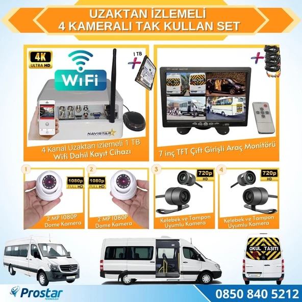 Uzaktan izlemeli 4 Kameralı Wifi 1 Tb Harddisk 7 Inç Ekranlı Araç Kamera Seti ürün görseli 1