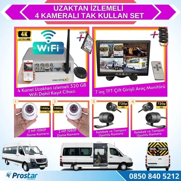 Uzaktan Izlemeli 4 Kameralı Wifi 320 Gb Harddisk 7 Inç Ekranlı Araç Kamera Seti ürün görseli 1