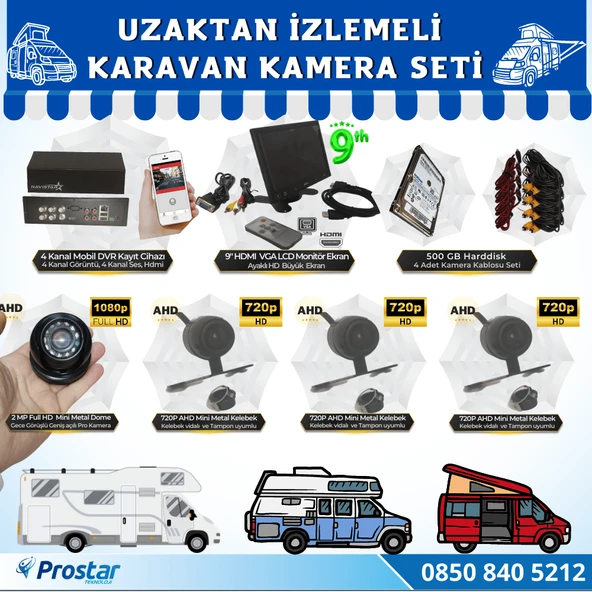 Uzaktan İzlemeli Karavan Kamera Seti 4 Kameralı 500 Gb Harddisk Dahil Kayıtlı 9 Inç Hdmi Ekranlı ürün görseli 1