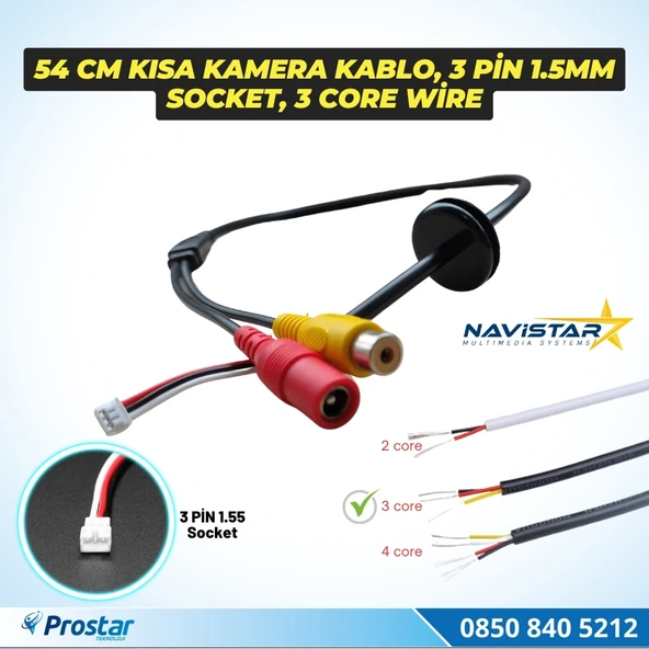 54 Cm Kısa RCA Kamera Kablosu 3 Pin 1.55 mm Socket,3 Core Wire ürün görseli 1