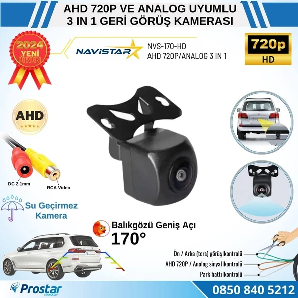 Balıkgözü AHD 720P ve Analog Çevirilebilir 170 Derece Geniş Açılı Geri Görüş Kamerası ürün görseli 1