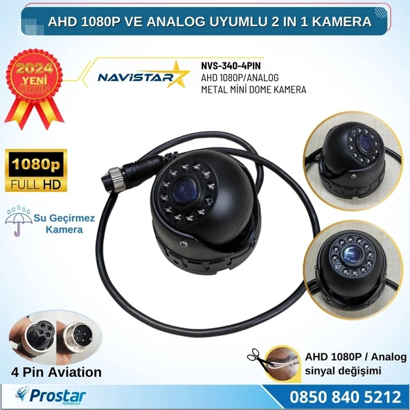 AHD 1080P ve Analog CVBS Pal Dönüştürülebilir Gece Görüşlü 4 Pin Mini Metal Dome Araç Kamerası ürün görseli 1