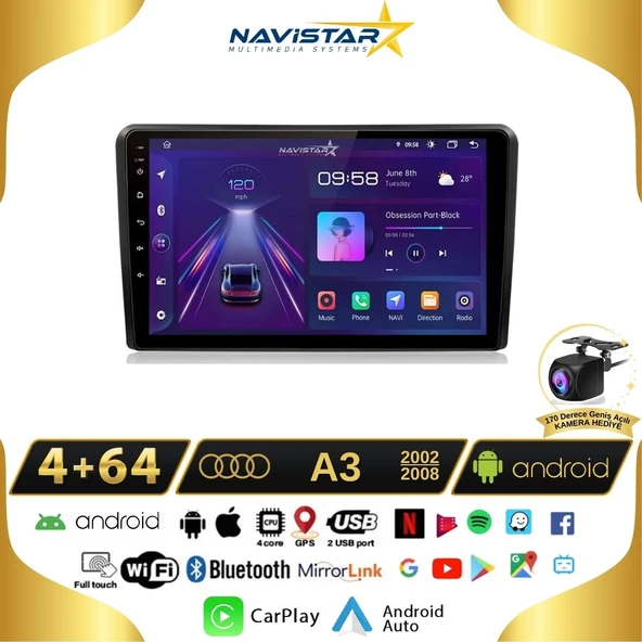 Audi A3 4GB + 64GB 2002-2008 Model Android 13 Kablosuz Carplay Navigasyon Multimedya Sistemi ürün görseli 1