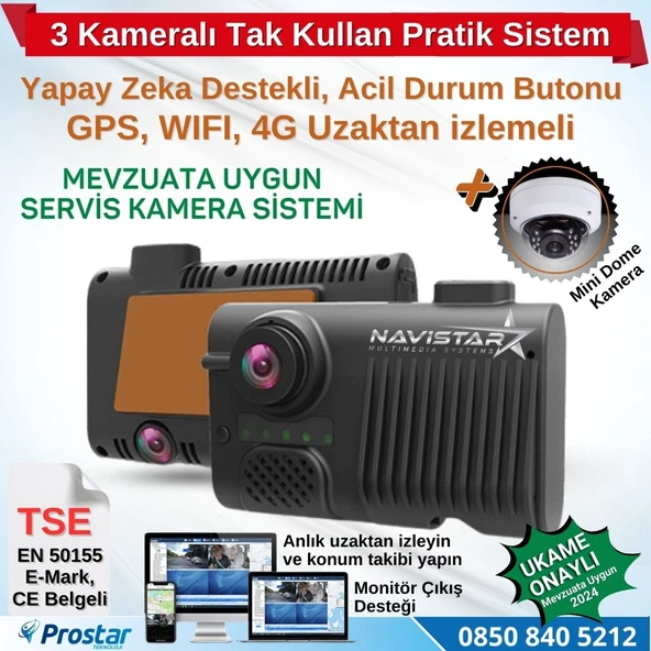 Servis Mevzuatına Uygun 3 Kameralı Monitör Çıkışlı 4G GPS WIFI Acil Durum butonu dahil Pratik Montaj Kamera Seti ürün görseli 1