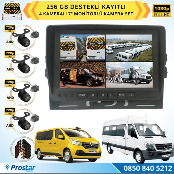 Kayıtlı Ahd Okul Servisler Için 4 Kameralı 7 Inç Monitörlü 720P Araç Kamera Seti ürün görseli 1