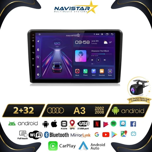 Audi A3 2002-2008 Model 2GB + 64GB Android 13 Kablosuz Carplay Navigasyon Multimedya Sistemi ürün görseli 1