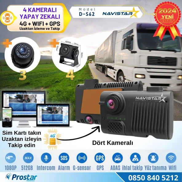 4 Kameralı 4G Uzaktan izlemeli GPS Wifi Yapay Zekalı Akıllı Dashcam Kamyon Tır Kamera Sistemi ürün görseli 1
