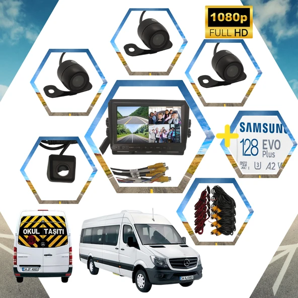 Kayıtlı Okul Ve Servis Araçları 4 Lü Kamera 7 inç Monitör Full Set + 128 Gb Sd Kart Dahil ürün görseli 1