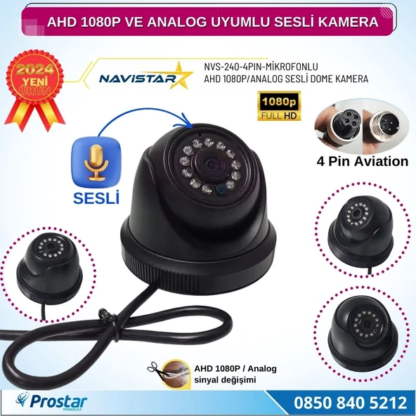 Mikrofonlu AHD 1080P ve Analog Pal Çevrilebilir 4 Pin Plastik Mini Dome Araç Kamerası ürün görseli 1