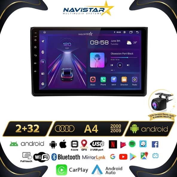 Audi A4  2000-2009 Model 2GB + 64GB Android 13 Kablosuz Carplay Navigasyon Multimedya Sistemi ürün görseli 1