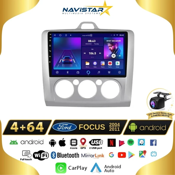 Ford Focus 2 Manuel Klima 4GB + 64GB Kablosuz Carplay Android 13 Navigasyon Multimedya Sistemi ürün görseli 1