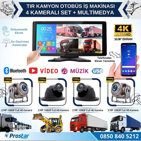 Tır Ve Kamyon 10.36" Dokunmatik Ekranlı 4 Kameralı Kayıtlı Video Müzik Telefon Ekran Yansıtma Özellikli Tak Kullan Kamera Seti ürün görseli 1
