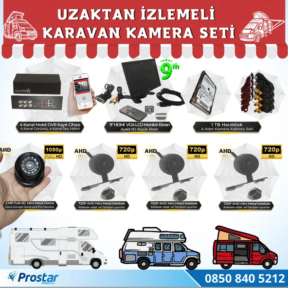 Karavan 1 Tb Harddiskli 9 Inç Hdmi Monitörlü 4 Kameralı Uzaktan İzlemeli Kayıtlı Kamera Seti ürün görseli 1