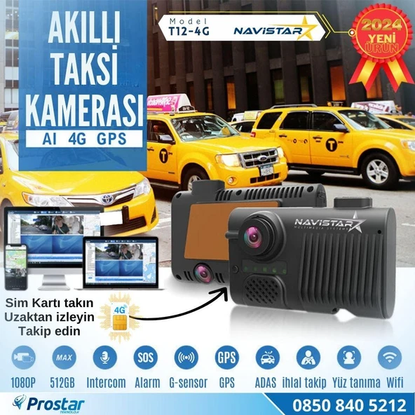 Uzaktan izlemeli 2 Kameralı Wifi GPS 4G Yapay Zeka destekli Akıllı Dashcam Taksi Kamera Sistemi ürün görseli 1