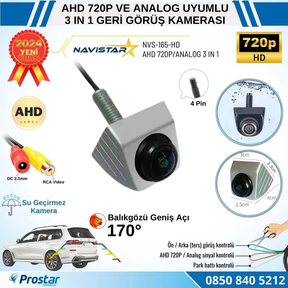 AHD 720P ve Analog Çevrilebilir 170 Derece Balıkgözü Geniş Açılı  Geri Görüş Kamerası ürün görseli 1