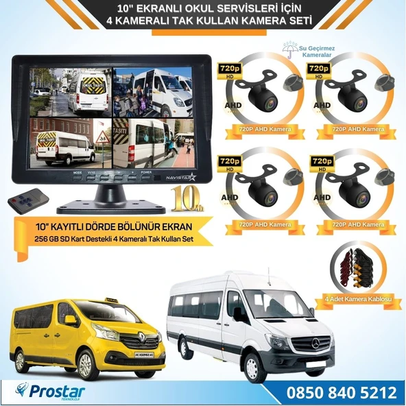 Kayıtlı 10" Dörde Bölünebilir 4 Kameralı Ahd 720P Okul Servisler Için Kamera Seti ürün görseli 1