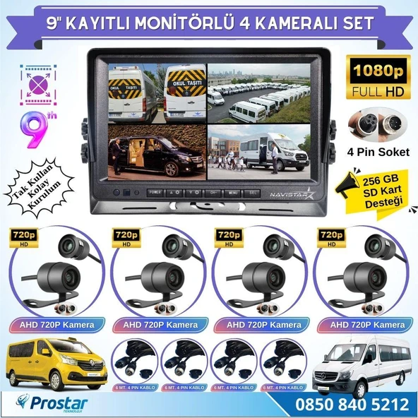 9 Inç Dörde Bölünür Kayıtlı 256Gb Sd Destekli 4 Kameralı 720P Ahd 4 Pin Soketli Tak Kullan Kamera Seti ürün görseli 1