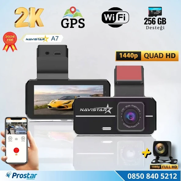 A7 Wifi + GPS 2K Çift Kameralı 170° Geniş Açı Lens Gece Görüşlü Akıllı Araç içi Kamera + 1080P Arka Kamera ürün görseli 1