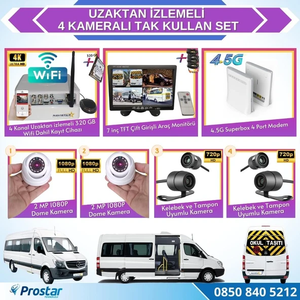Uzaktan izlemeli 4 Kameralı Wifi 4G 320 Gb Harddisk 7 Inç Ekranlı Araç Kamera Seti ürün görseli 1