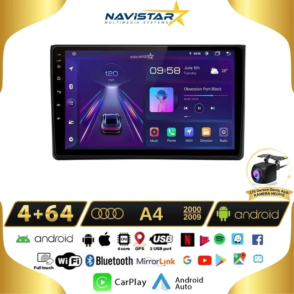 Audi A4  2000-2009 Model 4GB + 64GB Android 13 Kablosuz Carplay Navigasyon Multimedya Sistemi ürün görseli 1