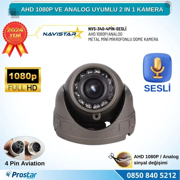 Mikrofonlu AHD 1080P ve Analog Pal Dönüşümlü Gece Görüşlü 4 Pin Mini Metal Dome Araç Kamerası ürün görseli 1