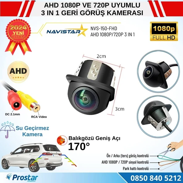 AHD 1080P ve 720P Çevrilebilir 170 Derece Balıkgözü Geniş Açılı  Geri Görüş Kamerası ürün görseli 1