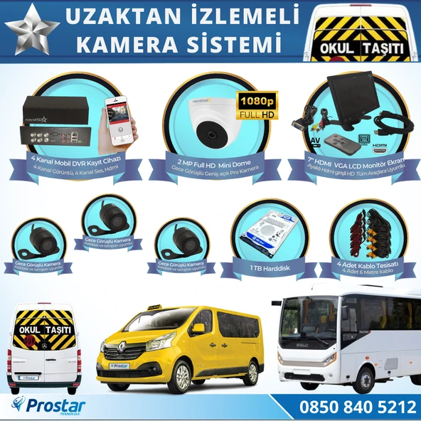 Okul Servis Kamera Sistemi Seti Uzaktan Izlemeli 4 Kameralı 7" Hdmi Monitör 1 Tb Harddisk Dahil ürün görseli 1