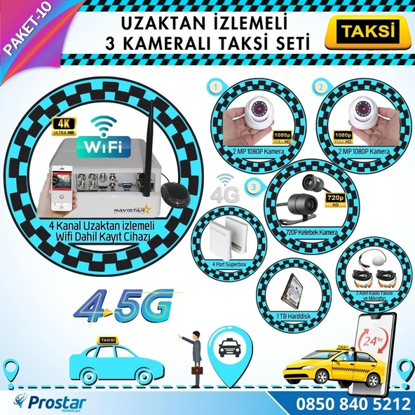 Taksi Kamera Seti 10 Uzaktan Izlemeli 3 Kameralı Wifi 4G 1 Tb Harddisk Dahil ürün görseli 1