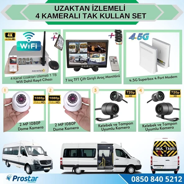Uzaktan Izlemeli 4 Kameralı Wifi 4G 1 Tb Harddisk 7 Inç Ekranlı Araç Kamera Seti ürün görseli 1