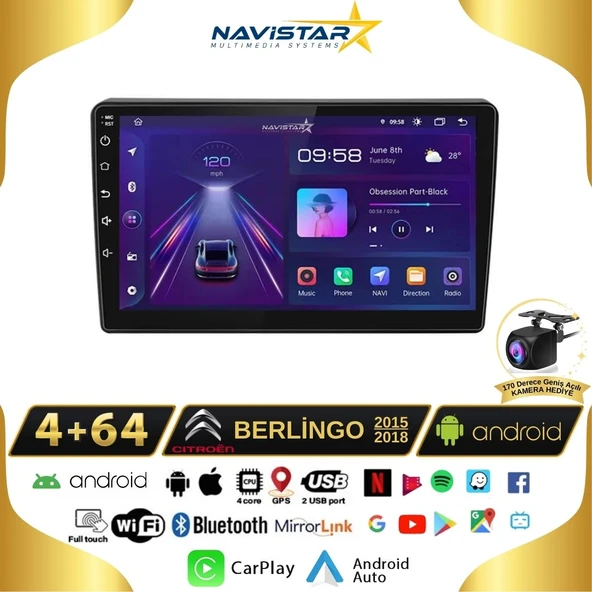 Citroen Berlingo 2015-2018 Model 4GB + 64GB Android 13 Kablosuz Carplay Navigasyon Multimedya Sistemi ürün görseli 1