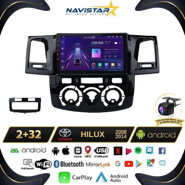 Toyota Hilux 2008-2014 Model 2+64GB Android 13 Kablosuz Carplay Navigasyon Multimedya Sistemi ürün görseli 1