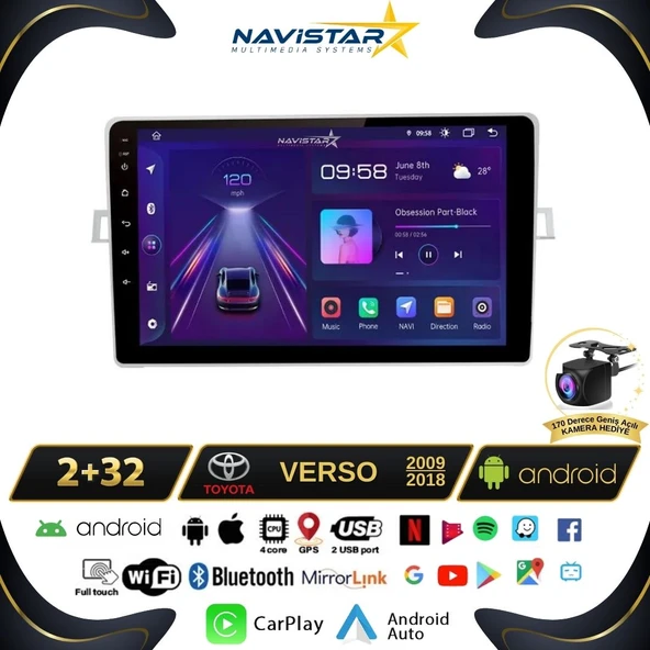 Toyota Verso 2009-2018 Model 2+64GB Android 13 Kablosuz Carplay Navigasyon Multimedya Sistemi ürün görseli 1