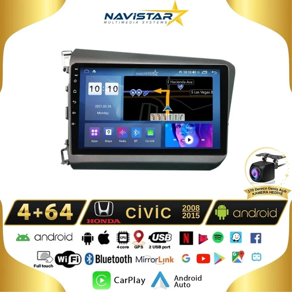 Honda Civic  2008-2015 Model 4GB + 64GB Android 13 Kablosuz Carplay Navigasyon Multimedya Sistemi ürün görseli 1