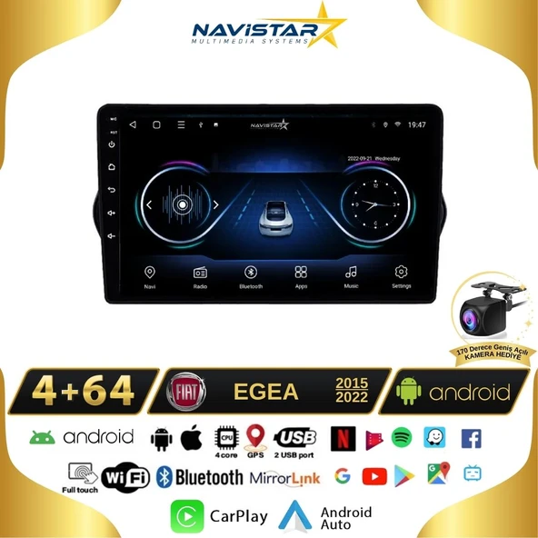 Fiat Egea 4GB + 64GB Kablosuz Carplay 2015-2022 Android 13 Navigasyon Multimedya Sistemi ürün görseli 1