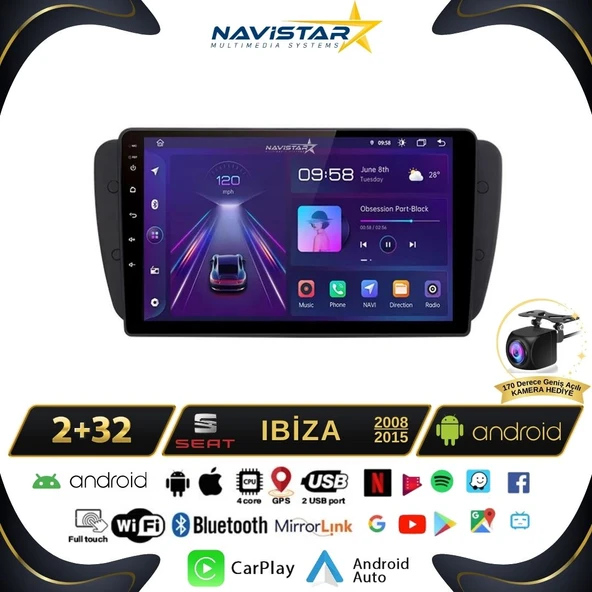 Seat Ibiza 20082015 Model 2GB + 64GB Android 13 Kablosuz Carplay Navigasyon Multimedya Sistemi ürün görseli 1