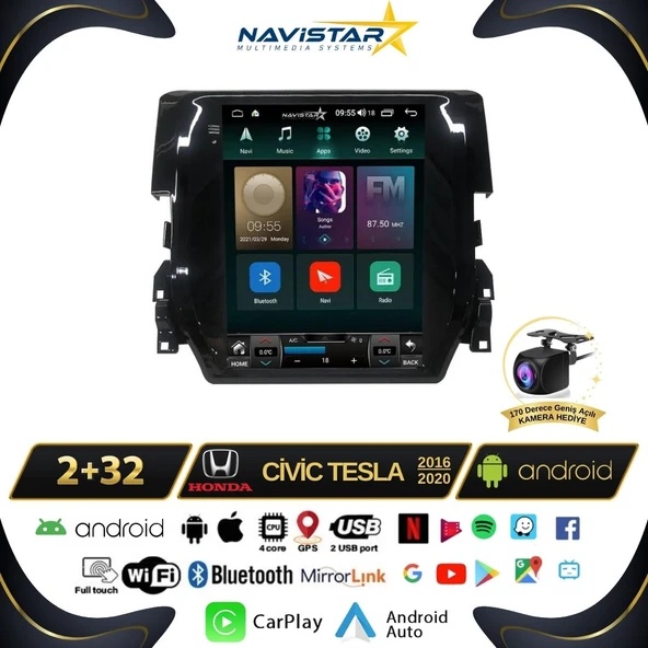 Honda Civic Tesla 2016-2020 Model 2GB + 32GB Kablosuz Carplay Navigasyon Multimedya Sistemi ürün görseli 1