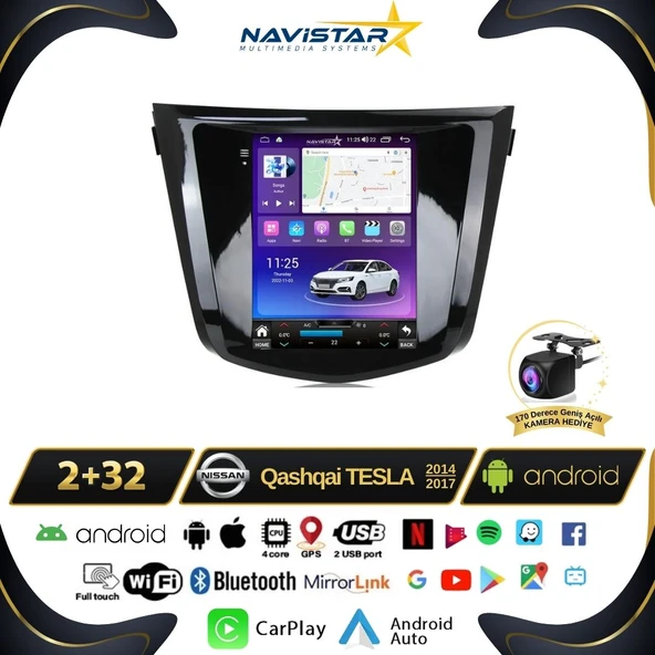 Nissan Qashqai Tesla 2014-2017 Model 2GB + 32GB Android 13 Kablosuz Carplay Navigasyon Multimedya Sistemi ürün görseli 1
