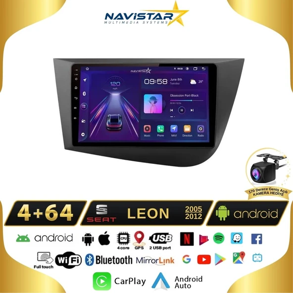Seat Leon 4GB + 64GB 2005-2012 Model Android 13 Kablosuz Carplay Navigasyon Multimedya Sistemi ürün görseli 1