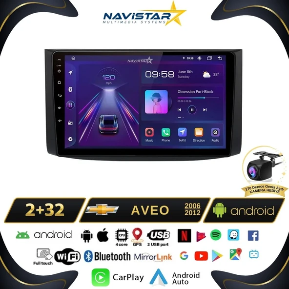 Chevrolet Aveo  2006-2012 Model 2GB + 64GB Android 13 Kablosuz Carplay Navigasyon Multimedya Sistemi ürün görseli 1