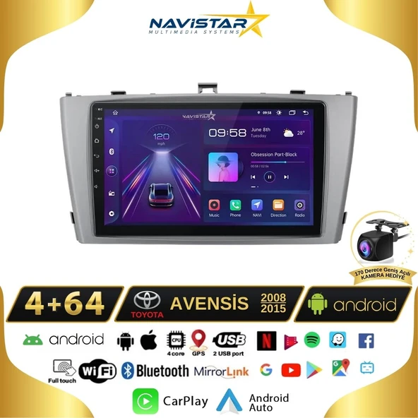 Toyota Avensis 2008-2015 Model 4GB + 64GB Android 13 Kablosuz Carplay Navigasyon Multimedya Sistemi ürün görseli 1