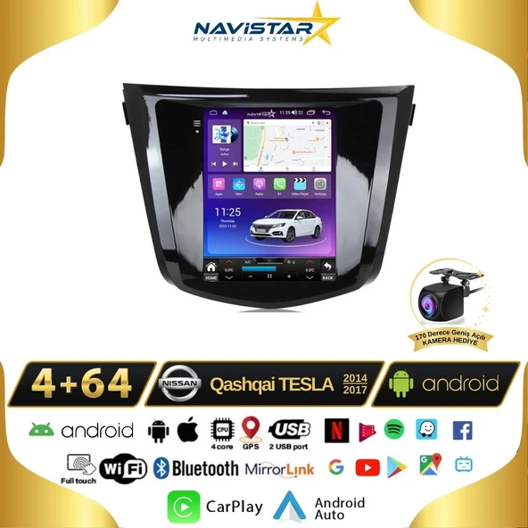 Nissan Qashqai Tesla 4GB + 64GB 2014-2017 Model Android 13 Kablosuz Carplay Navigasyon Multimedya Sistemi ürün görseli 1